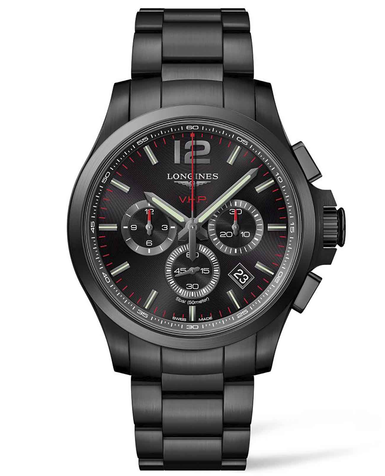 Longines Longines Conquest V.H.P. L3.727.2.56.6  L37272566 кварцевые мужские часы черный циферблат, браслет нержавеющая сталь — вид спереди